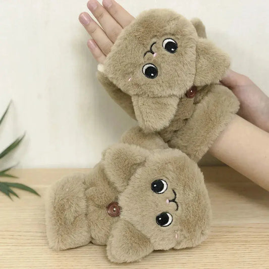 Plush Animal Fingerless Gloves